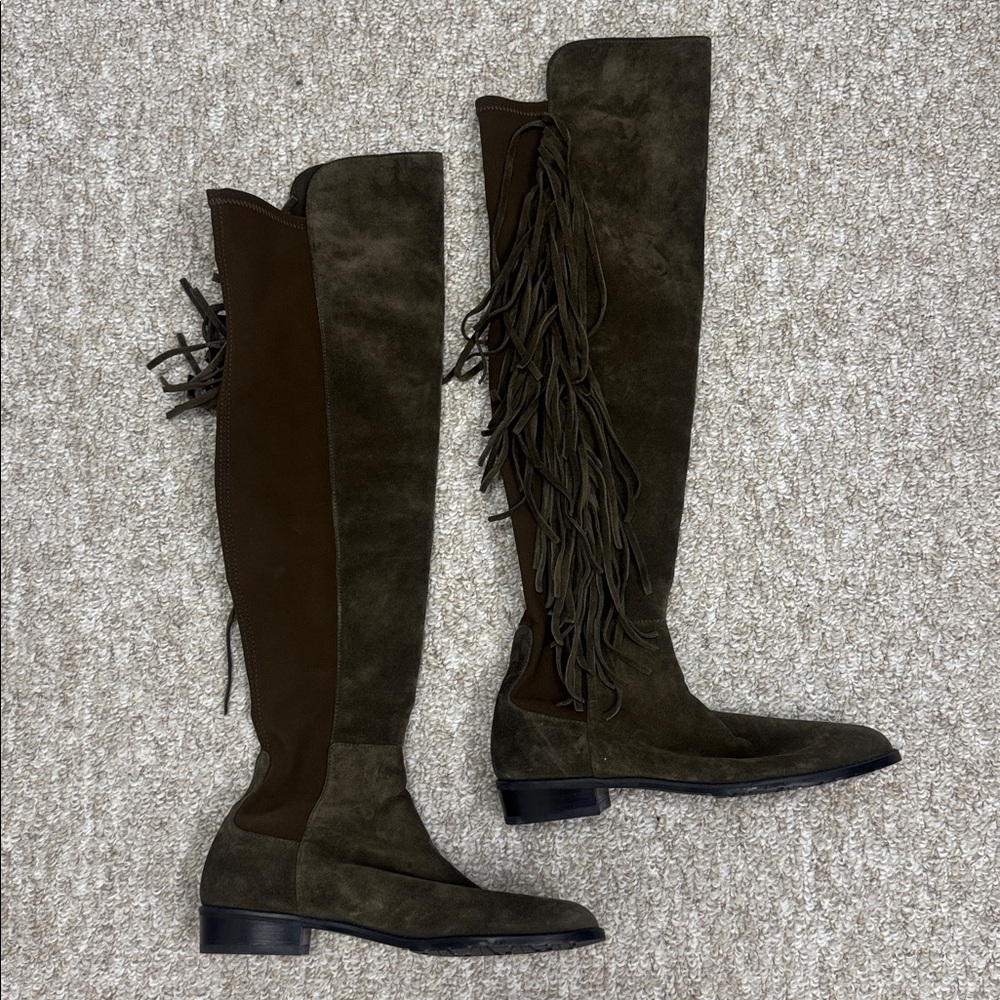 Stuart Weitzman Olive Suede Over-the-Knee Fringe Boots - Picture 7 of 8